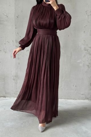 Elegant Pleated Organza Modest Evening Dress Dark Brown
