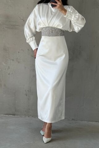 Modern Design Buttoned Satin Hijab Evening Dress Ecru