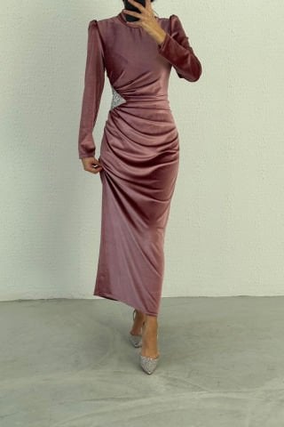 Velvet Hijab Evening Dress Powder with Sequin Detailed Waist