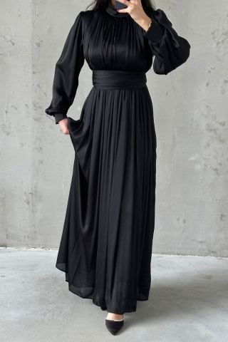 Elegant Pleated Organza Hijab Evening Dress Black