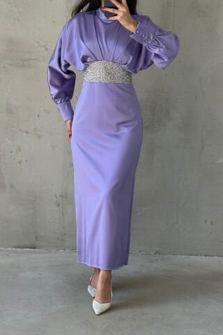 Modern Design Buttoned Satin Hijab Evening Dress Lilac