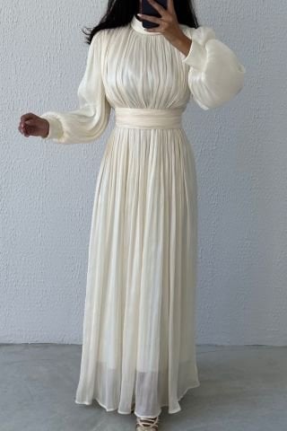 Zarif İnce Piliseli Organze Tesettür Abiye Ekru