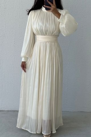 Zarif İnce Piliseli Organze Tesettür Abiye Ekru