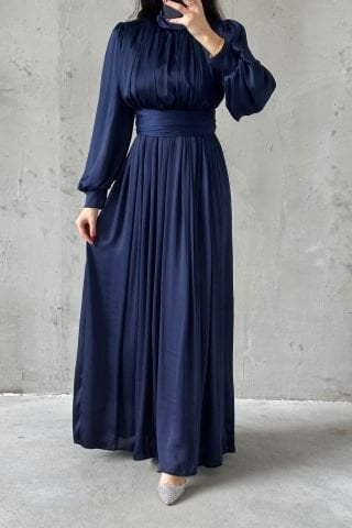 Zarif İnce Piliseli Organze Tesettür Abiye Lacivert