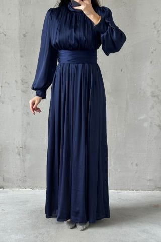 Zarif İnce Piliseli Organze Tesettür Abiye Lacivert