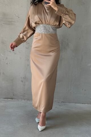 Modern Design Buttoned Satin Hijab Evening Dress Copper