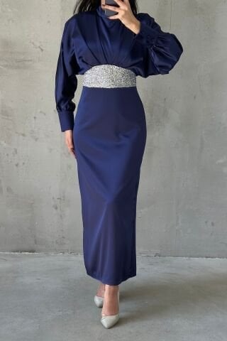 Modern Design Buttoned Satin Hijab Evening Dress Navy Blue