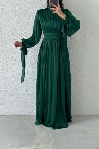 Koldan Detaylı Simli Tesettür Abiye Yeşil