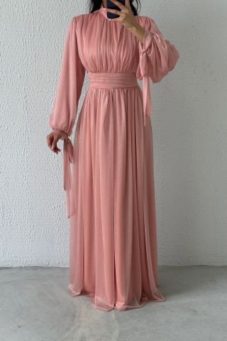 Koldan Detaylı Simli Tesettür Abiye Pudra