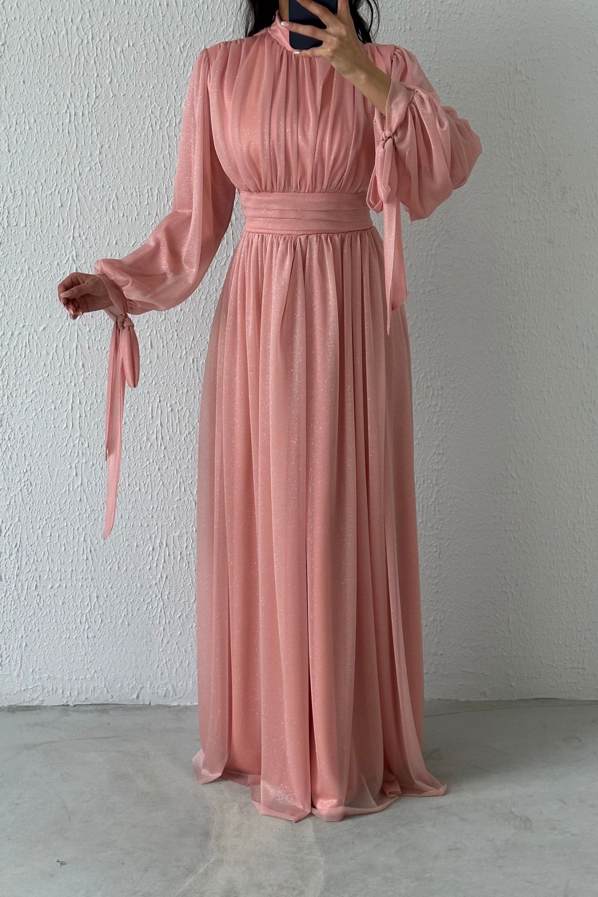 Koldan Detaylı Simli Tesettür Abiye Pudra