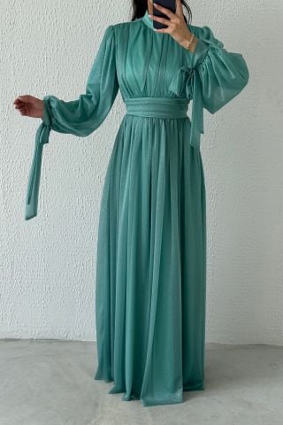 Koldan Detaylı Simli Tesettür Abiye Turkuaz