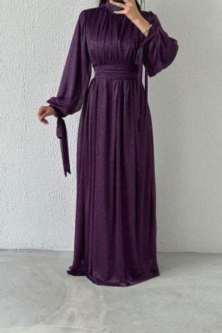 Koldan Detaylı Simli Tesettür Abiye Mor