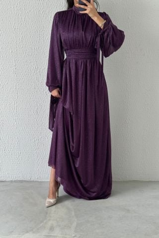 Koldan Detaylı Simli Tesettür Abiye Mor