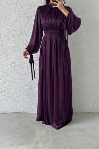 Koldan Detaylı Simli Tesettür Abiye Mor