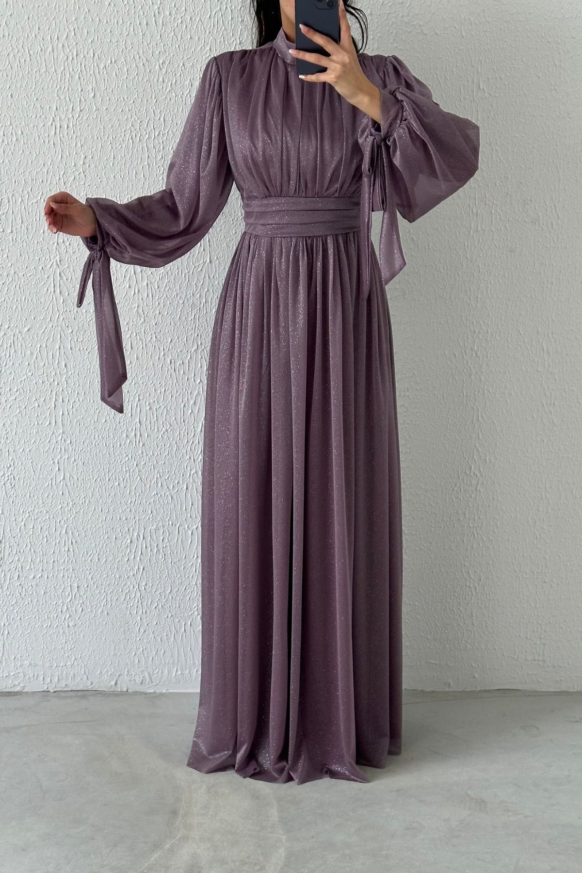 Silvery Hijab Evening Dress with Sleeve Detail Lilac