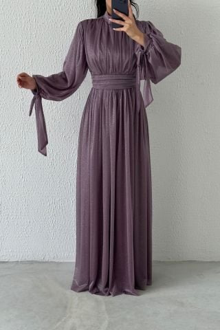 Silvery Hijab Evening Dress with Sleeve Detail Lilac