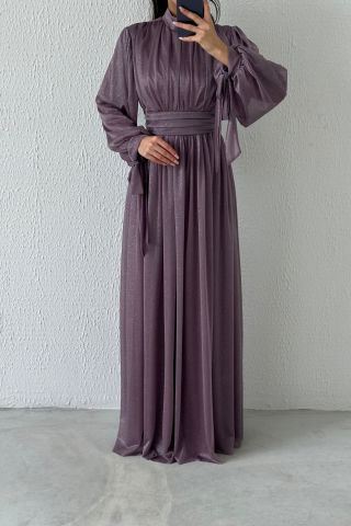 Silvery Hijab Evening Dress with Sleeve Detail Lilac
