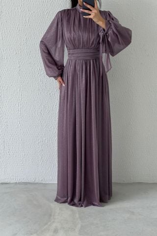 Silvery Hijab Evening Dress with Sleeve Detail Lilac