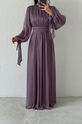 Silvery Hijab Evening Dress with Sleeve Detail Lilac