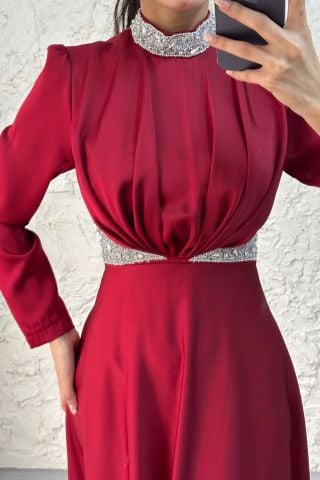 Stone Detailed Gathered Satin Hijab Evening Dress Claret Red