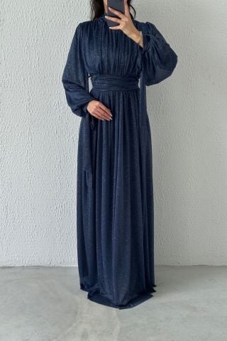 Silvery Hijab Evening Dress with Sleeve Detail Navy Blue