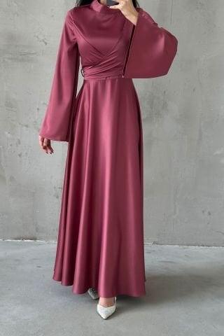 Basic Volan Kol Saten Tesettür Abiye Gül Kurusu