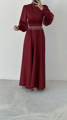 Great Fit, Elegant Waist Detailed Satin Hijab Evening Dress Claret Red