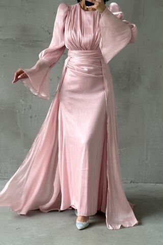 Drape and Cape Detailed Janjan Hijab Evening Dress Powder
