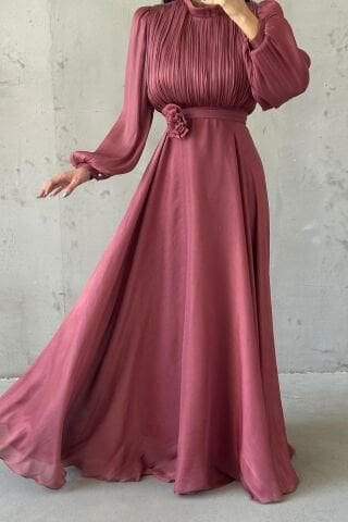 Modern Tasarım Broş Detaylı Tesettür Abiye Gül Kurusu