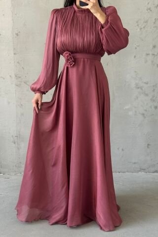 Modern Tasarım Broş Detaylı Tesettür Abiye Gül Kurusu