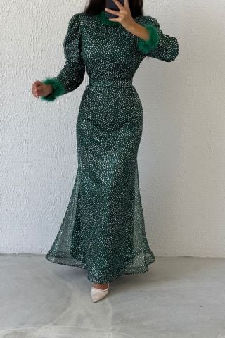 Green Hijab Evening Dress with Glittery Sleeves and Feathered Neck