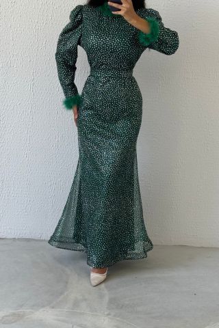 Simli Kol Ucu ve Boynu Tüylü Tesettür Abiye Yeşil