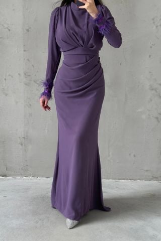 Her Detayı Zarif Krep Tesettür Abiye Lila