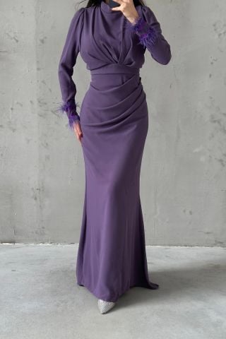 Her Detayı Zarif Krep Tesettür Abiye Lila