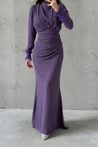 Her Detayı Zarif Krep Tesettür Abiye Lila