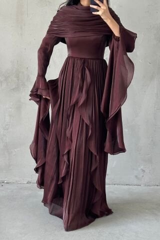 Ruffle Detailed Janjan Hijab Evening Dress Brown