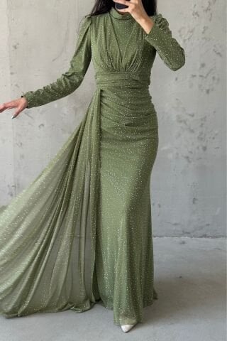 Pırıltılı Taş İşlemeli Tesettür Abiye Haki