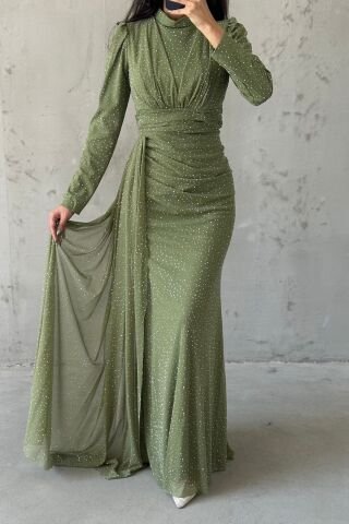 Pırıltılı Taş İşlemeli Tesettür Abiye Haki