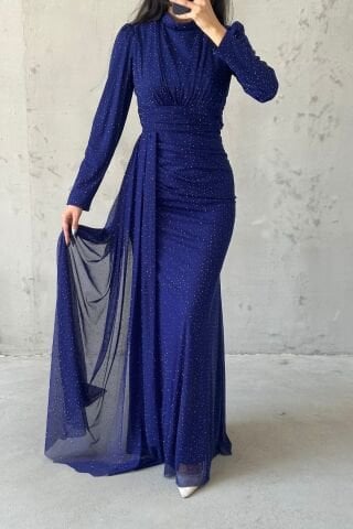 Pırıltılı Taş İşlemeli Tesettür Abiye Saks Mavisi