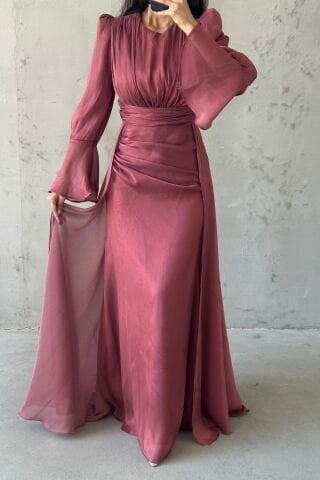 Drape Ve Pelerin Detaylı Janjan Tesettür Abiye Kiremit