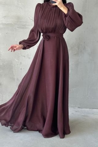 Modern Tasarım Broş Detaylı Tesettür Abiye Kahverengi