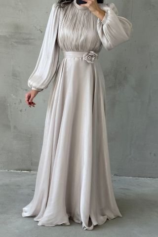 Modern Tasarım Broş Detaylı Tesettür Abiye Taş