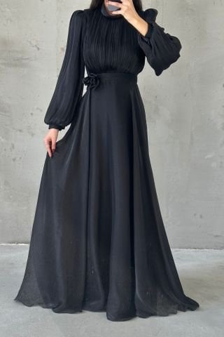 Modern Tasarım Broş Detaylı Tesettür Abiye Siyah