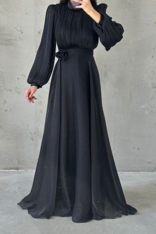 Modern Tasarım Broş Detaylı Tesettür Abiye Siyah