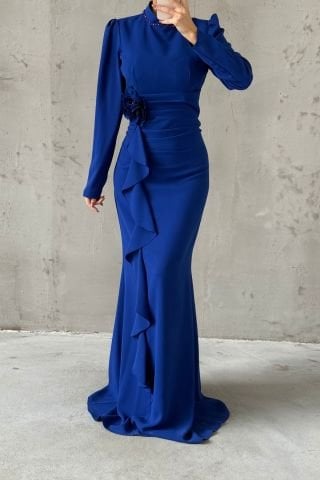 Crepe Modest Evening Dress with Ruffled Rose Brooch in Saxe Blue