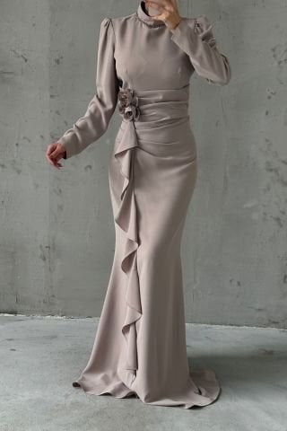 Crepe Hijab Evening Dress with Ruffled Rose Brooch and Stone