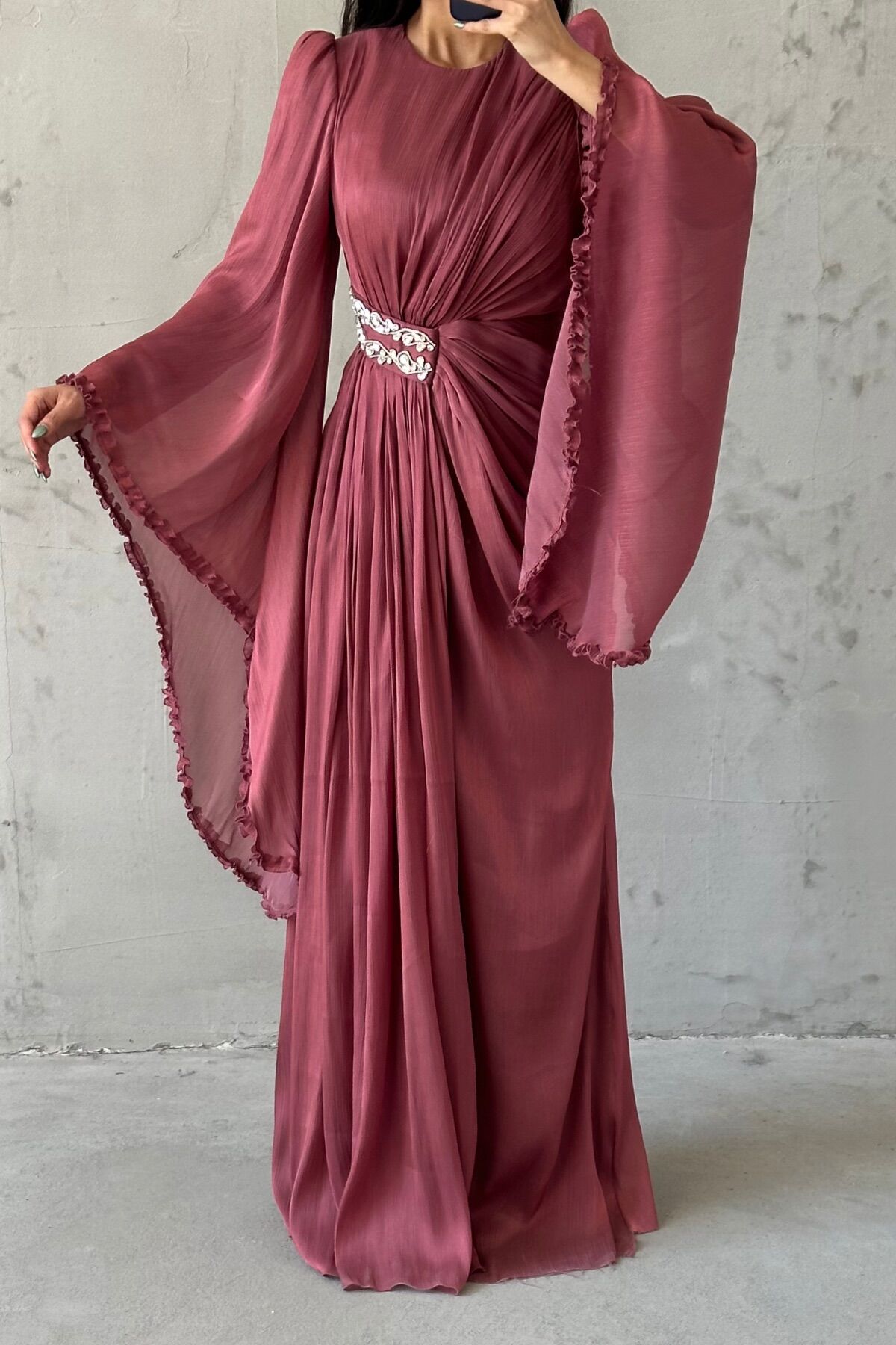 Işıltılı Kol Detaylı Janjan Tesettür Abiye Kiremit