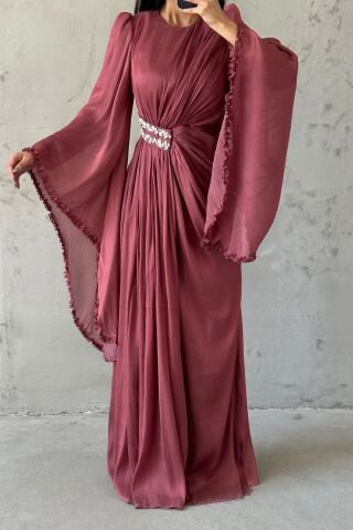 Işıltılı Kol Detaylı Janjan Tesettür Abiye Kiremit