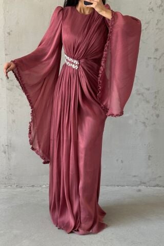 Işıltılı Kol Detaylı Janjan Tesettür Abiye Kiremit