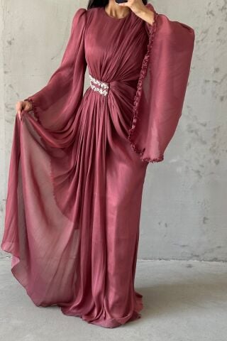 Işıltılı Kol Detaylı Janjan Tesettür Abiye Kiremit